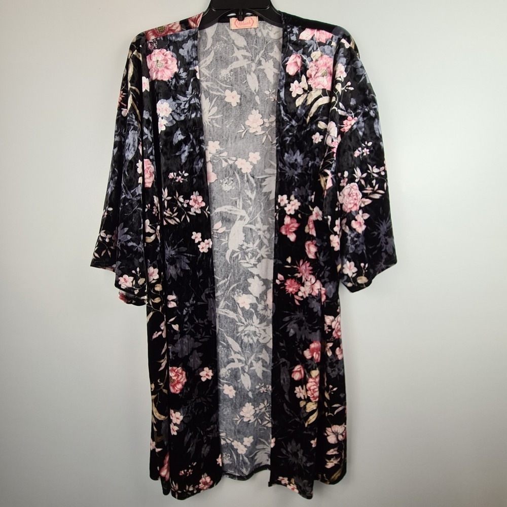 Blush Black Floral Velvet Duster Open Cardigan M/L Hippie Earthy Boho Festival‎